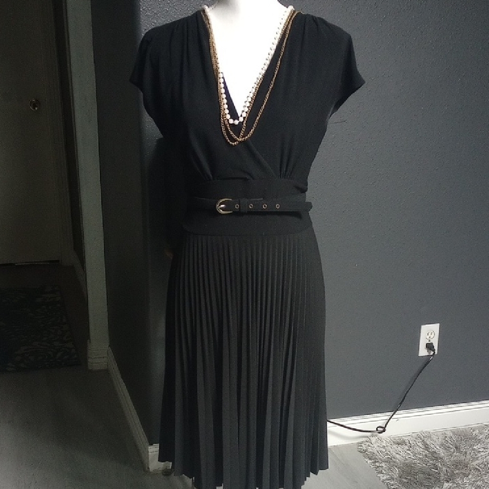 Alfani Black Pleated Dress and Gold Chain Detail